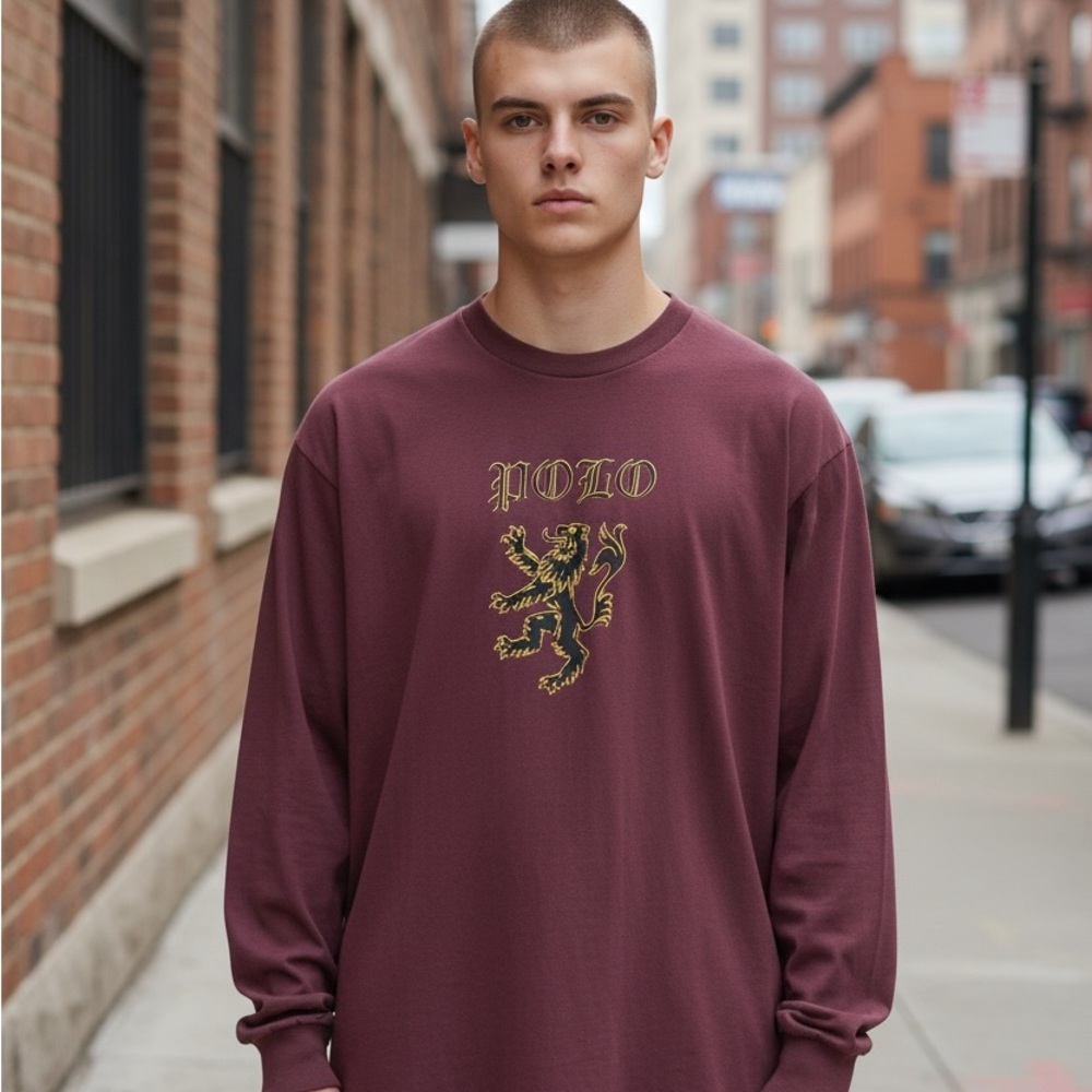 Vintage Polo by Ralph Lauren Burgundy Long Sleeve Tee L Lion Crest